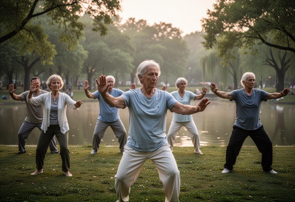 Group doing tai chi in park at dawn.