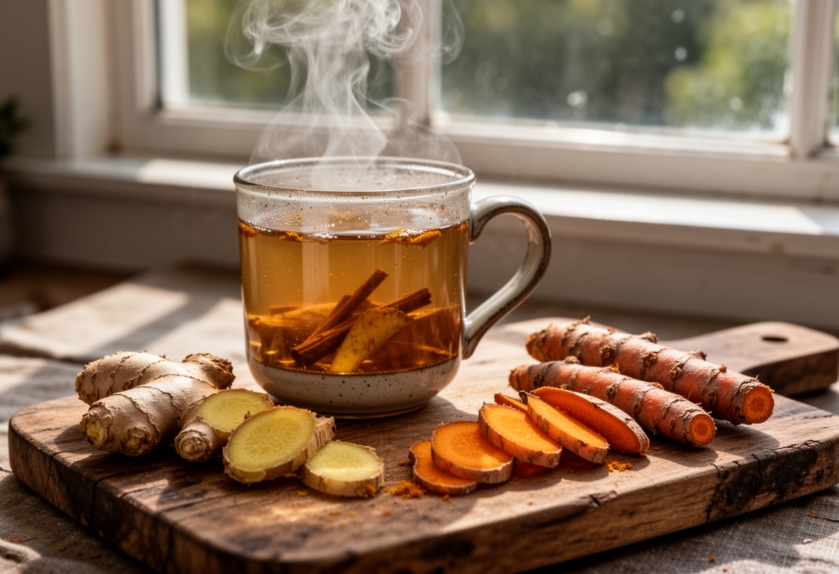 Mug of ginger turmeric tea with fresh ginger and turmeric root.